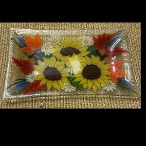 Peggy Karr Fused Glass 10" Tray Plate Sunflower Autumn Leaves New In Box w Tags